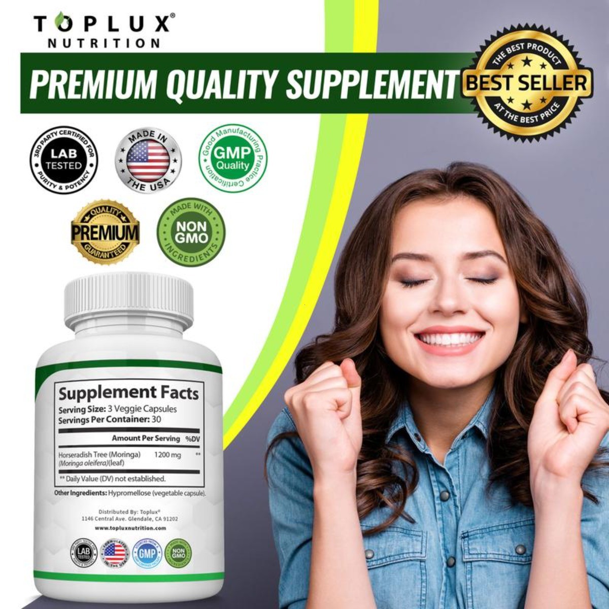 Toplux Nutrition Moringa Superfood Supplement 1200mg All-in-One Wellness 90ct