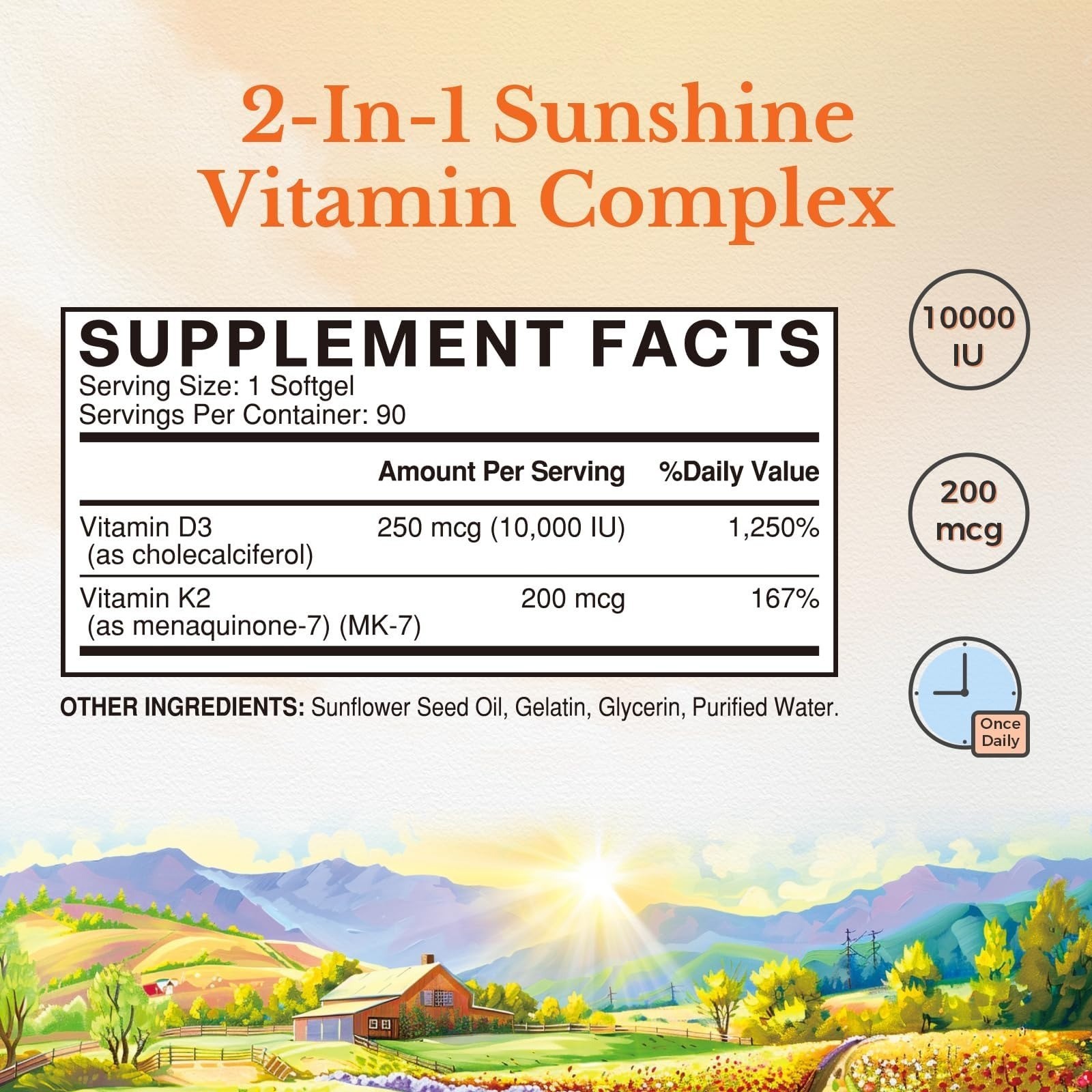 Vitalitown Vitamin D3 K2 Supplement 10000 IU 200 mcg 90 Softgels Non-GMO