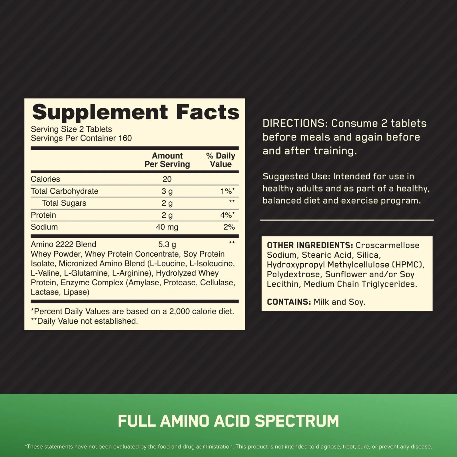 Optimum Nutrition Superior Amino 2222 Tablets, Essential Amino Acids, 320 Count