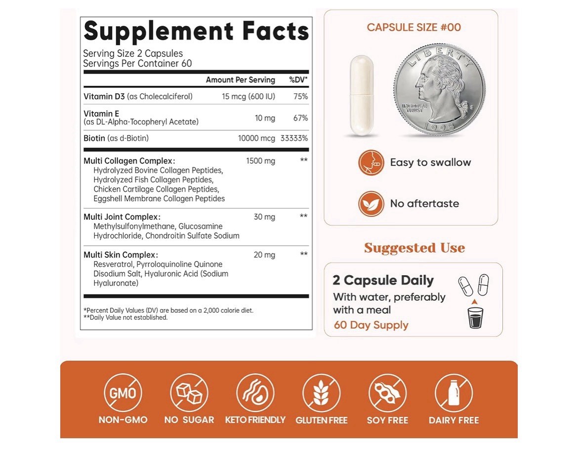 Multi Collagen Peptides Capsules w/ Biotin Hyaluronic Acid MSM 120 Capsules
