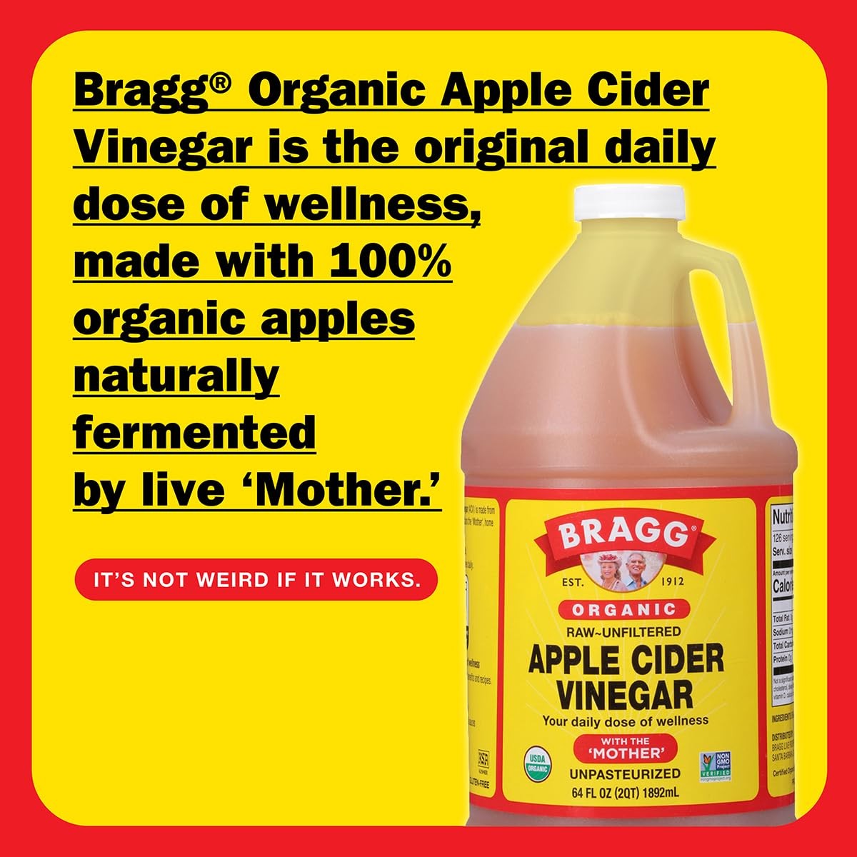Bragg Organic Apple Cider Vinegar with the Mother, 64 fl oz – Raw and Unfiltered