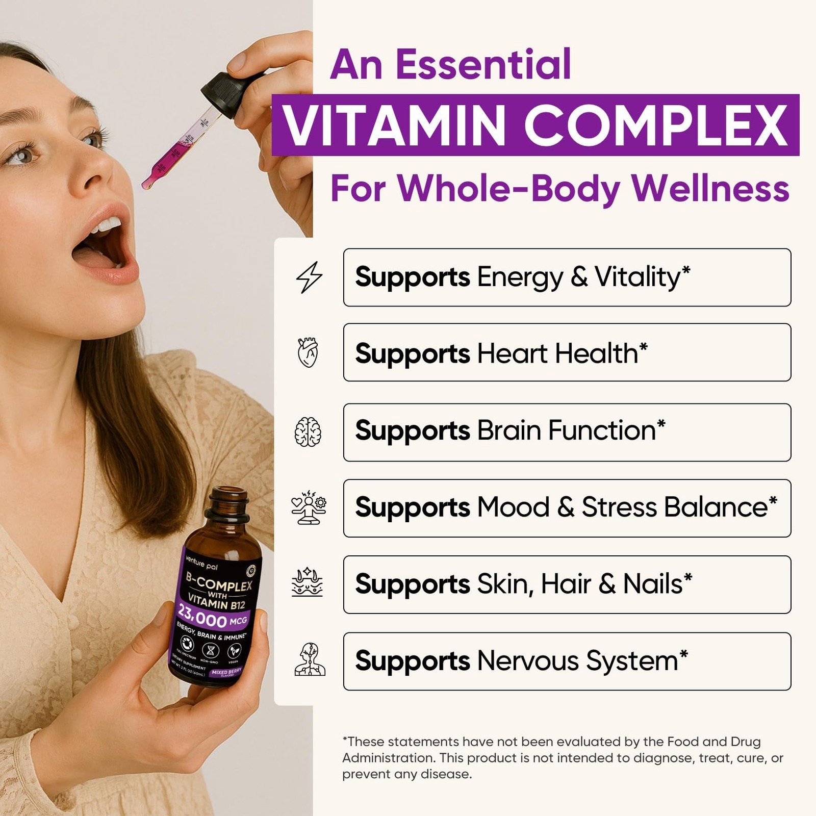 Venture Pal Vitamin B Complex Liquid Drops W/ B12 Methylcobalamin B9 Folic B1-B7