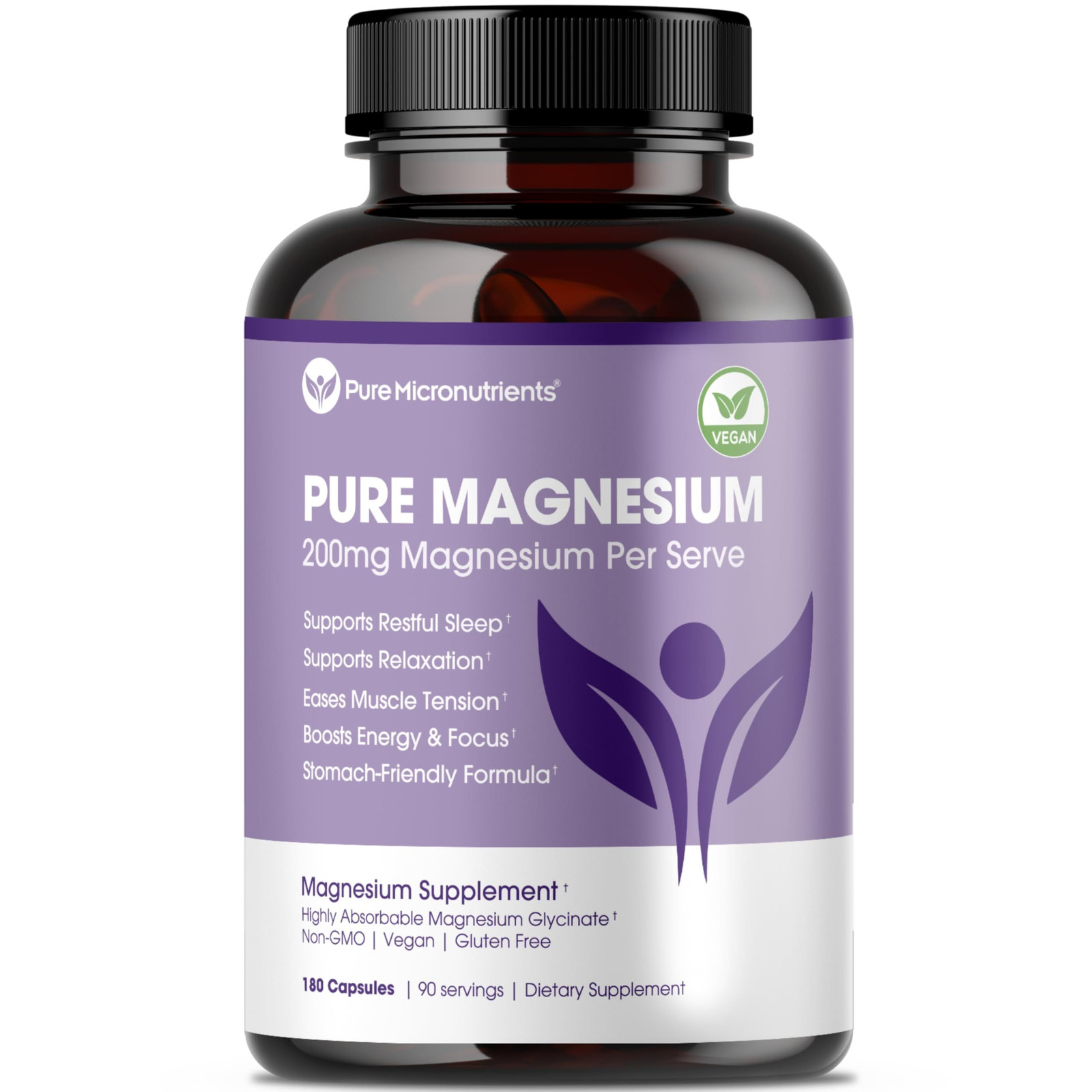 Pure Magnesium Glycinate Supplement 180 Count (Pack of 1), Capsules