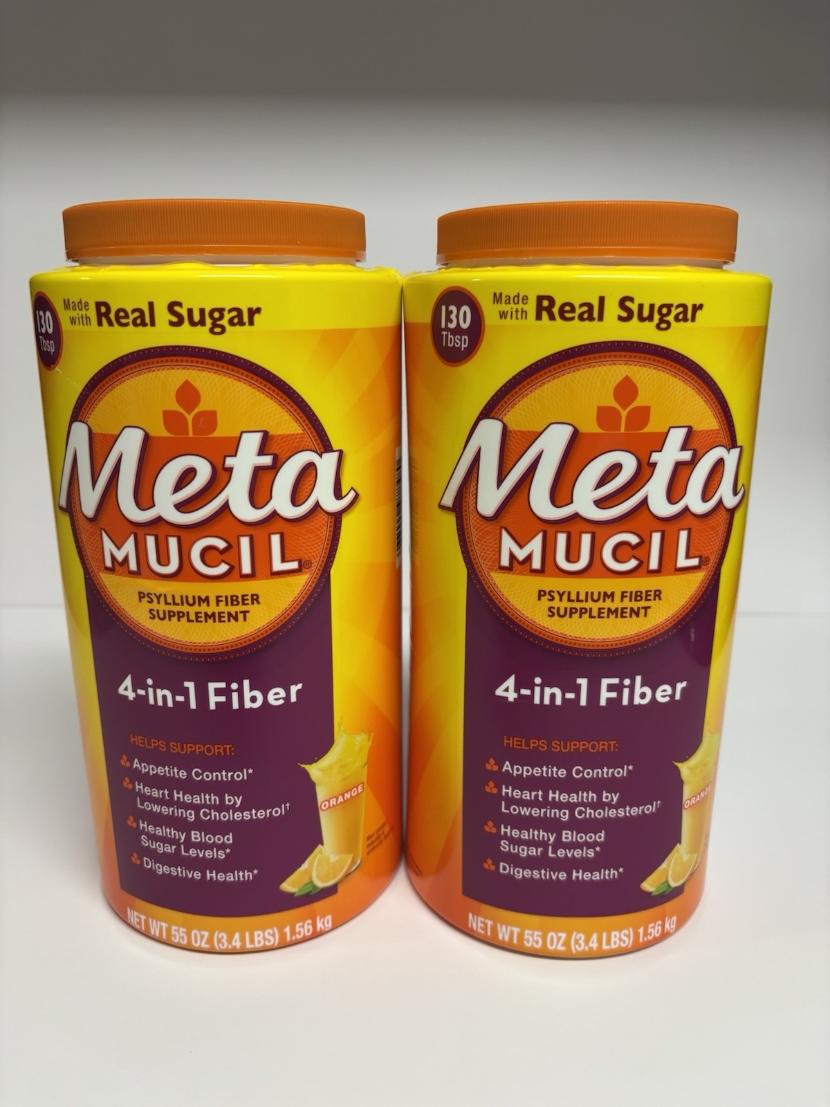 Lot of 2 Metamucil 4-in-1 Fiber Supplement Orange Real Sugar 55 oz Exp 03/2029