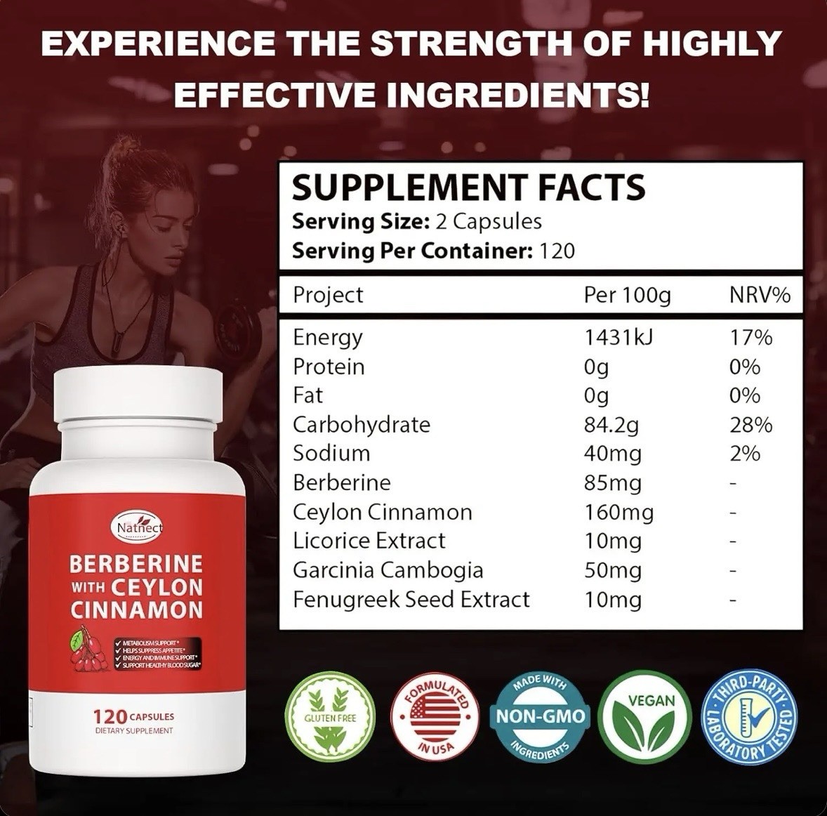 Natnect Berberine w/Ceylon Cinnamon 120ct Metabolism/Energy/Immune Support