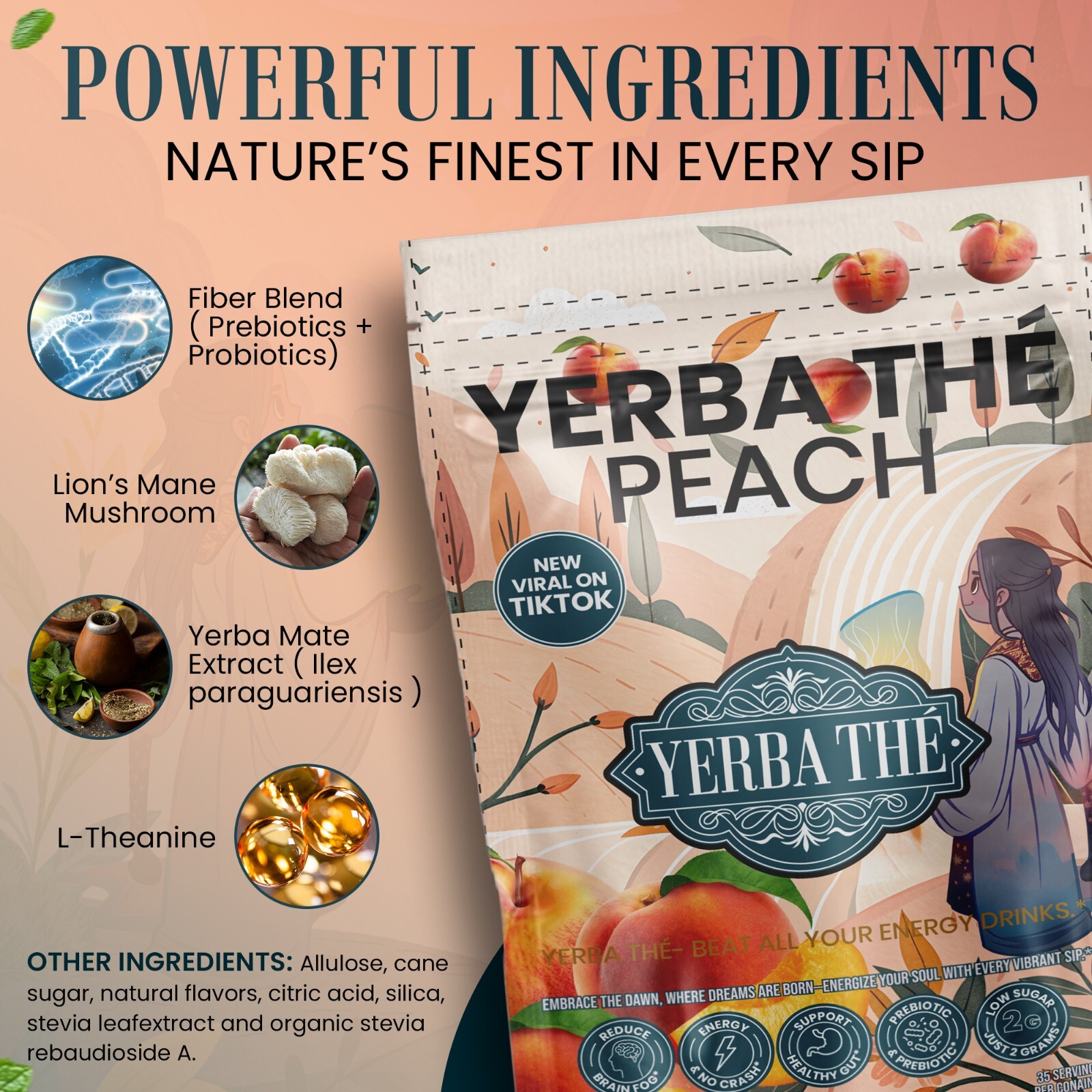 Yerba Mate Instant Tea Powder | Peach Flavor | 35 Servings