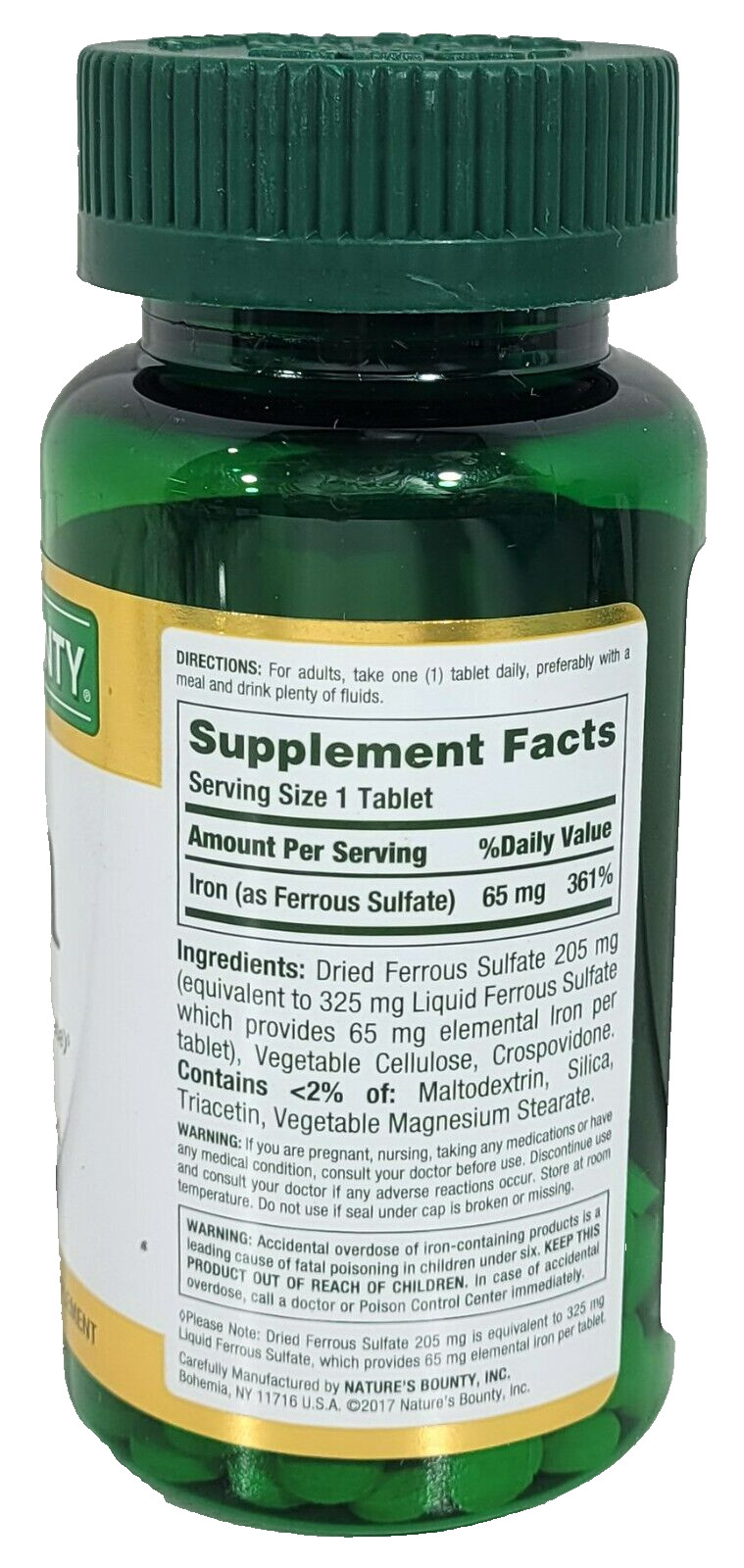 Nature’s Bounty Iron 65mg, 325 mg Ferrous Sulfate Cellular Energy 100 Tablets 