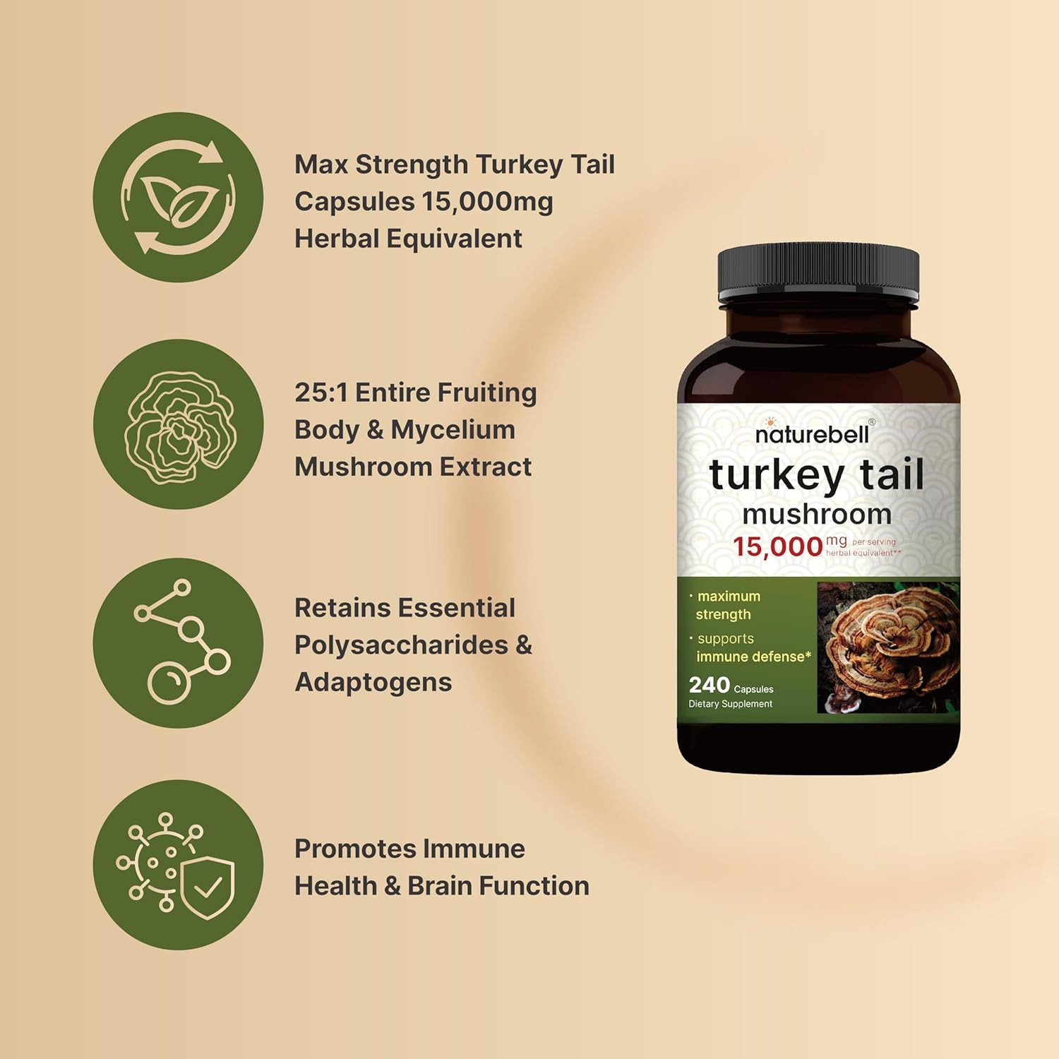 Turkey Tail Mushroom Capsules 15,000Mg per Serving, 240 Count | 25:1 Fruiting Bo