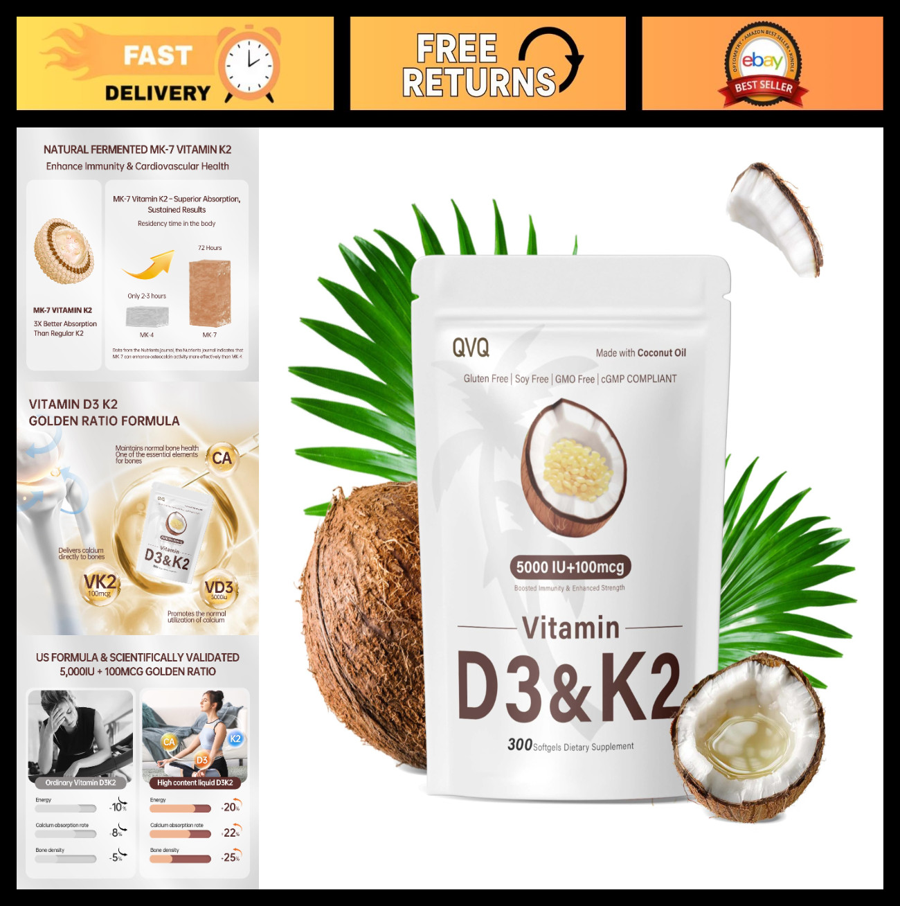 300 Pcs Vitamin D3 K2 5000 IU + 100mcg, Coconut Oil, Gluten-Free, Non-GMO