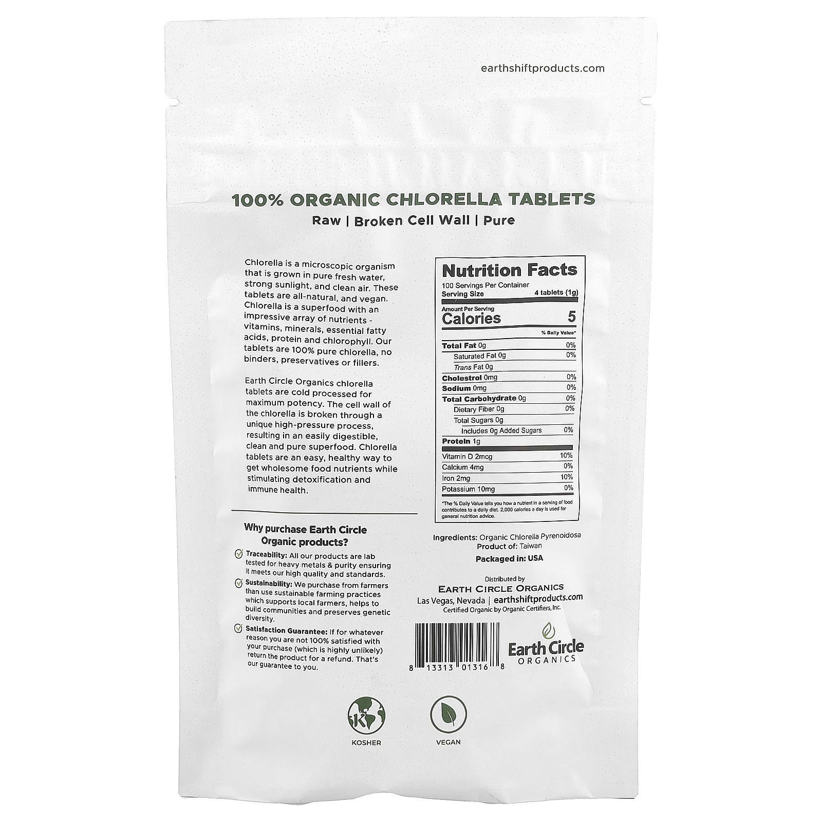 Earth Circle Organics Organic Chlorella Tablets 3 5 oz 100 g Kosher, Organic,