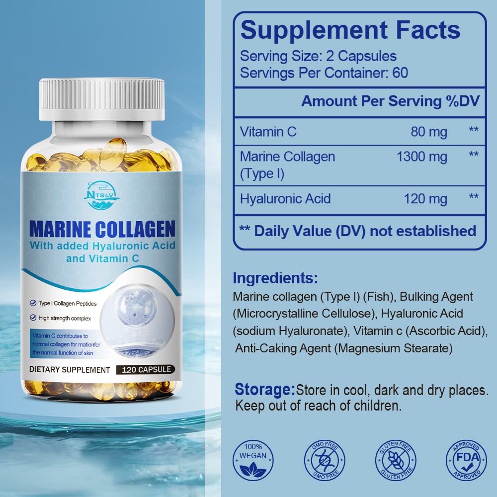 Marine Collagen Peptides 120 Capsules Hyaluronic Acid Vitamin C