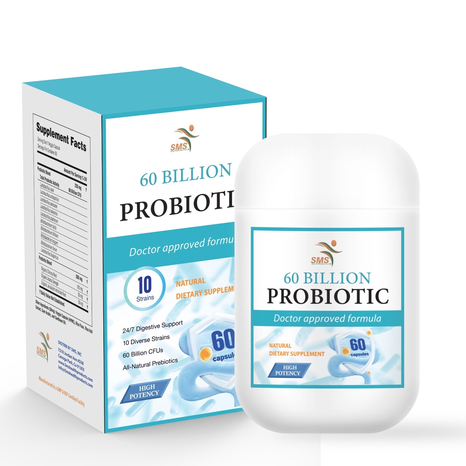60 Billion Probiotic 60 Capsules Prebiotics Blend Gut Support & Digestive Health