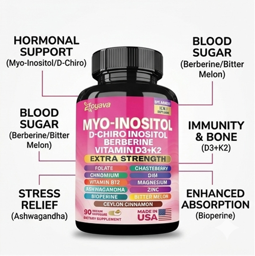 2-Pack Zoyava Myo-Inositol & D-Chiro Inositol 16-in-1 Berberine D3 Support 180ct