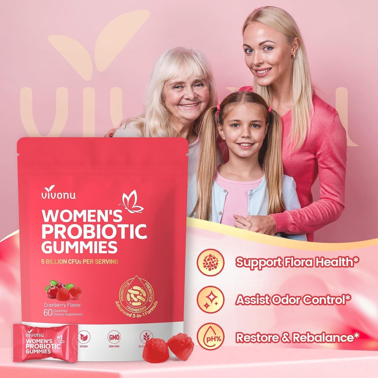 Vaginal Probiotics Designed for Women, Feminine Balance pH Gummies 60pcs/1bag