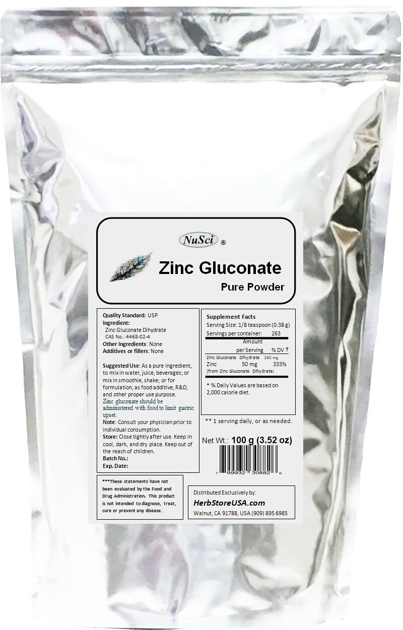 NuSci Pure Zinc Gluconate Powder 100g (3.52 oz) Immune System