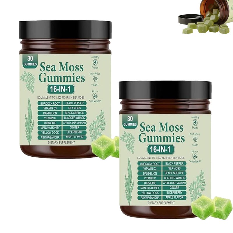 Premium 16 in 1 Organic Sea Moss Gummy | Irishmoss Extract 6000Mg | Green Apple