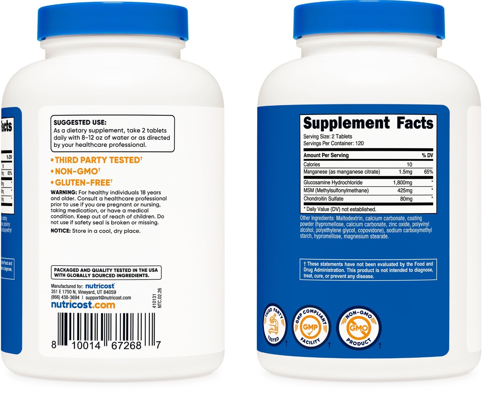 Glucosamine 1800mg with Chondroitin & MSM – 240 Tablets, Non-GMO, Gluten-Free