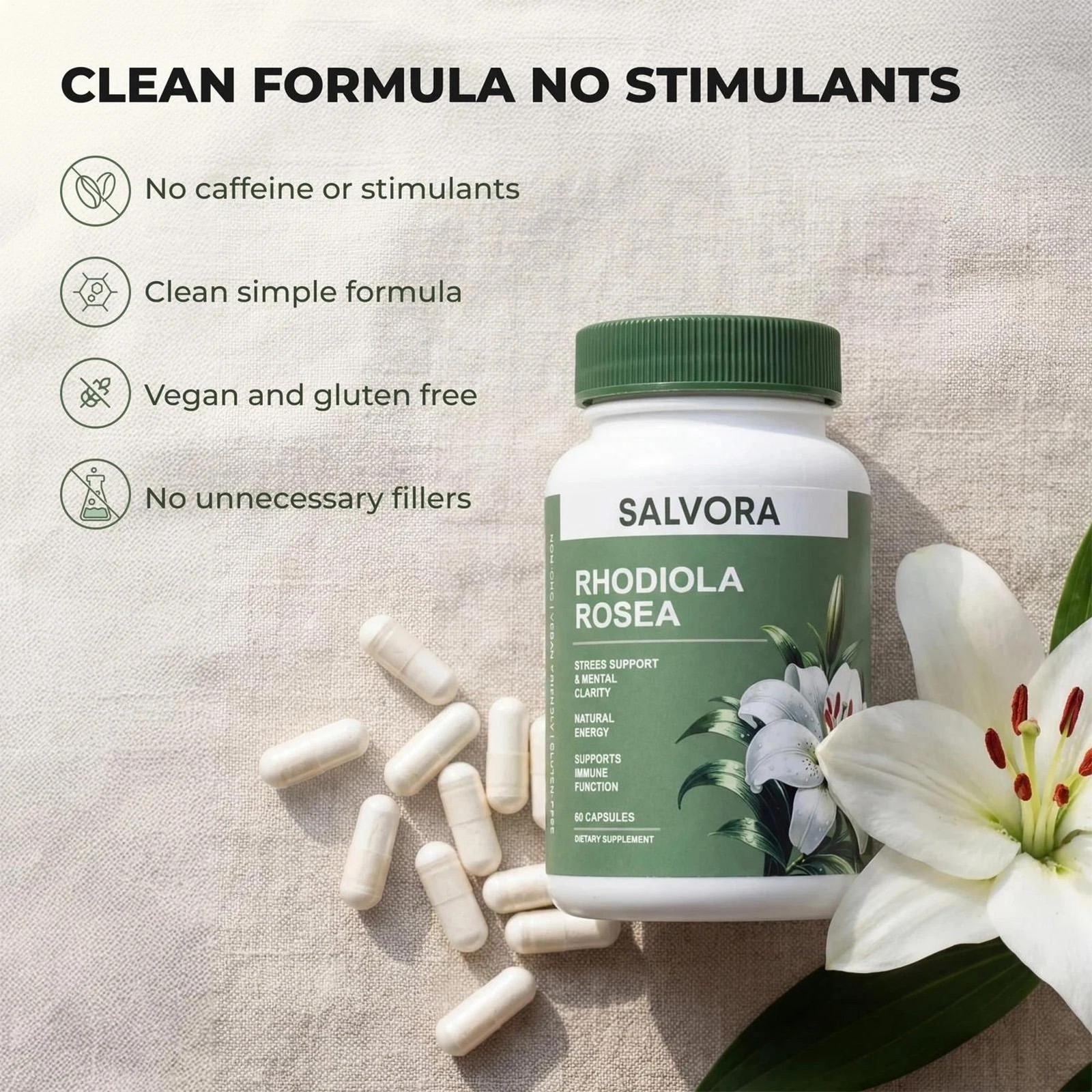 Salvora Rhodiola Rosea Supplement – Golden Root Adaptogen Capsules 60pcs
