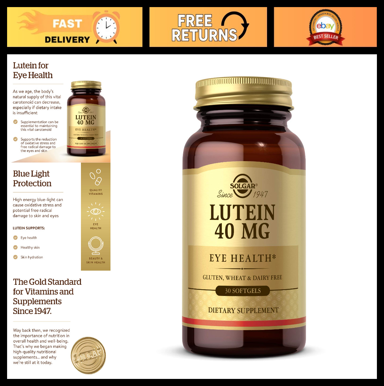 Lutein 40mg Softgels – Supports Eye Health, Filters Blue Light, Gluten & Dairy F