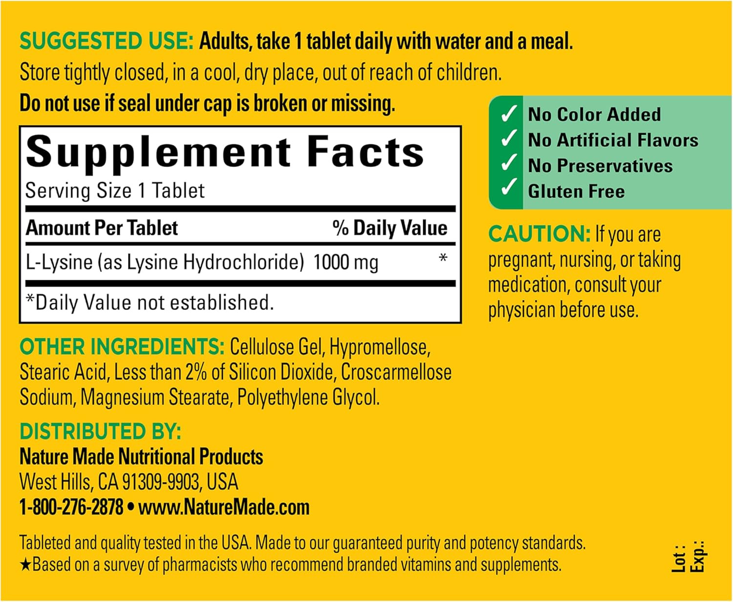 Nature Made L-Lysine 1000mg Amino Acid Dietary Supplement 60 Tablets NEW