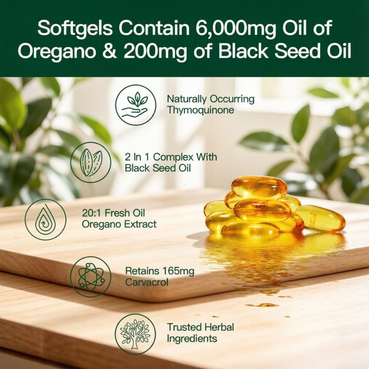 Oil of Oregano with Black Seed Oil Softgels 6200mg,High Carvacrol & Thymoquinone