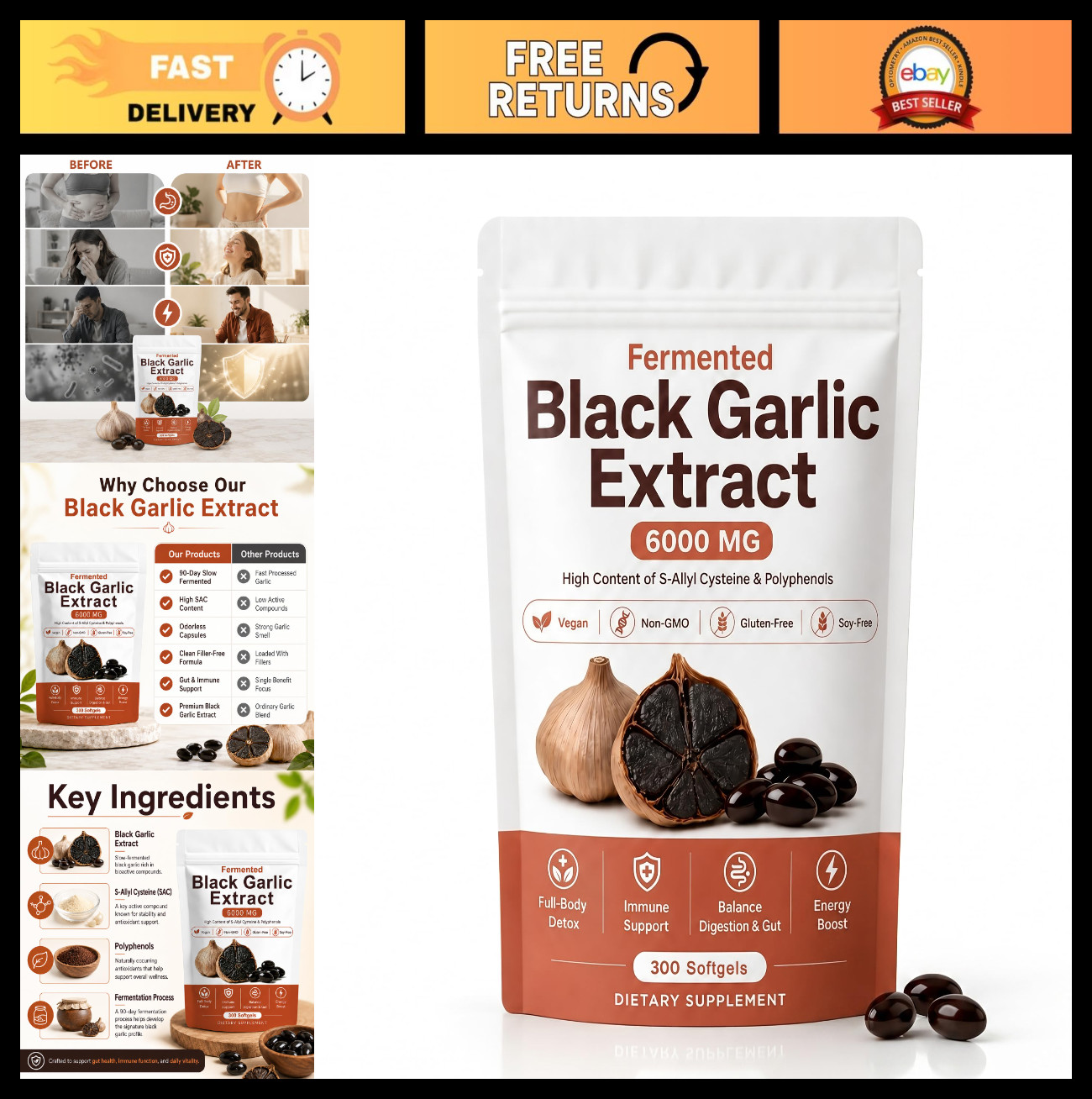 Natural Fermented Black Garlic Extract – Odorless Aged Garlic, 300 Vegan Softgel