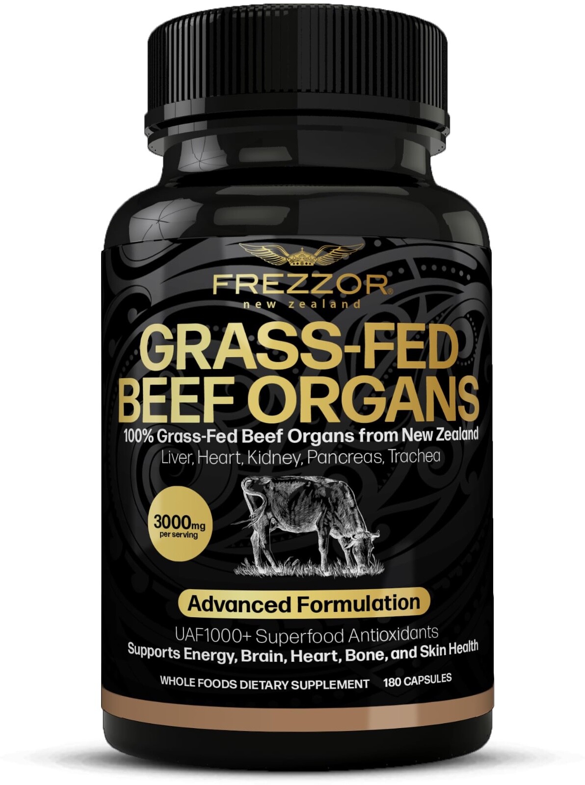 FREZZOR New Zealand 100% Live-Grass-Fed Beef Organs Complex, 3000mg 180 Capsules