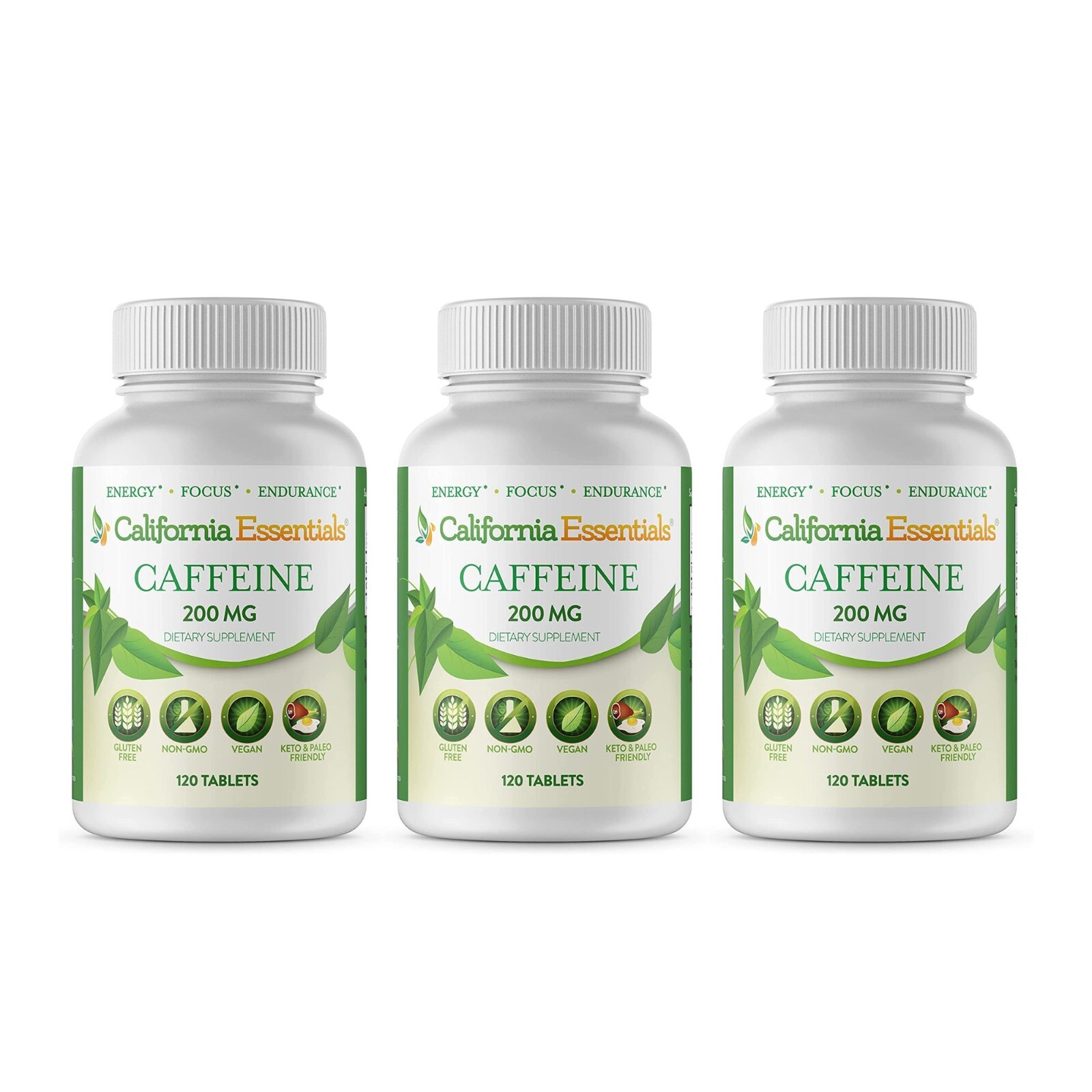California Essentials Caffeine Pills – 200mg – 120 Tablets – 3 Pack – Free Ship
