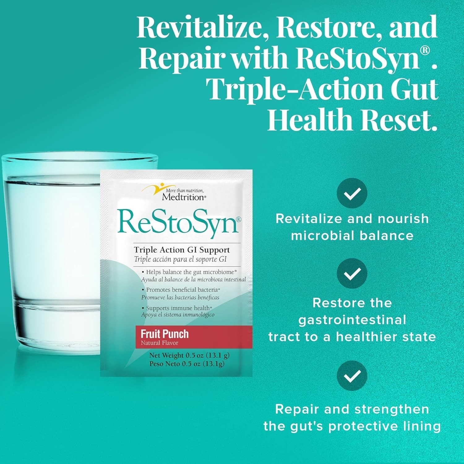 Medtrition ReStoSyn Triple Action Gut Health Supplement – Fruit Punch – 25 count