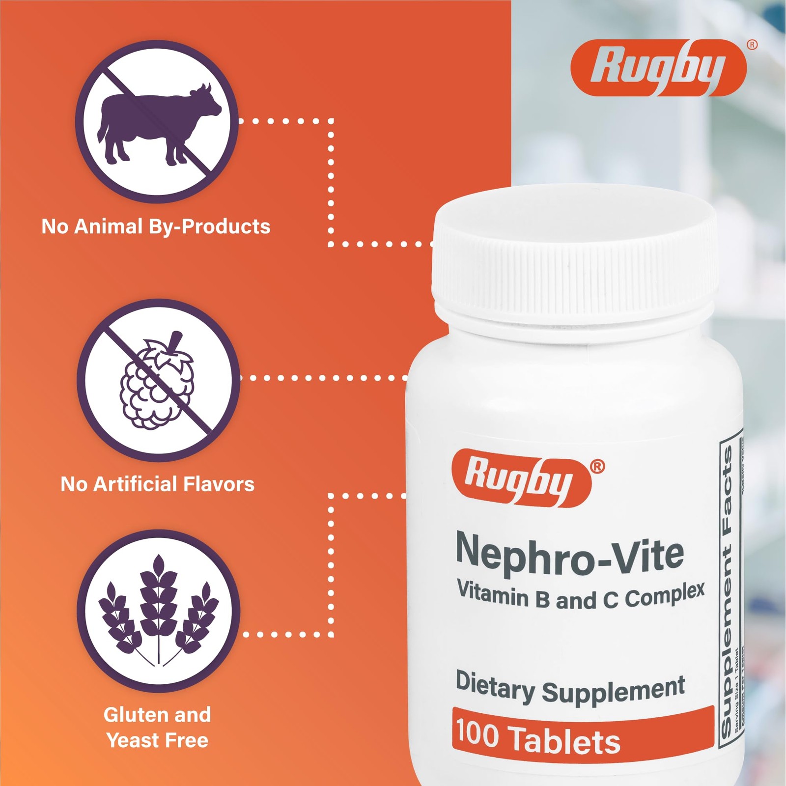 Rugby Nephro-Vite Vitamin B and C Complex Tablets 100 Count (Pack of 1), Red