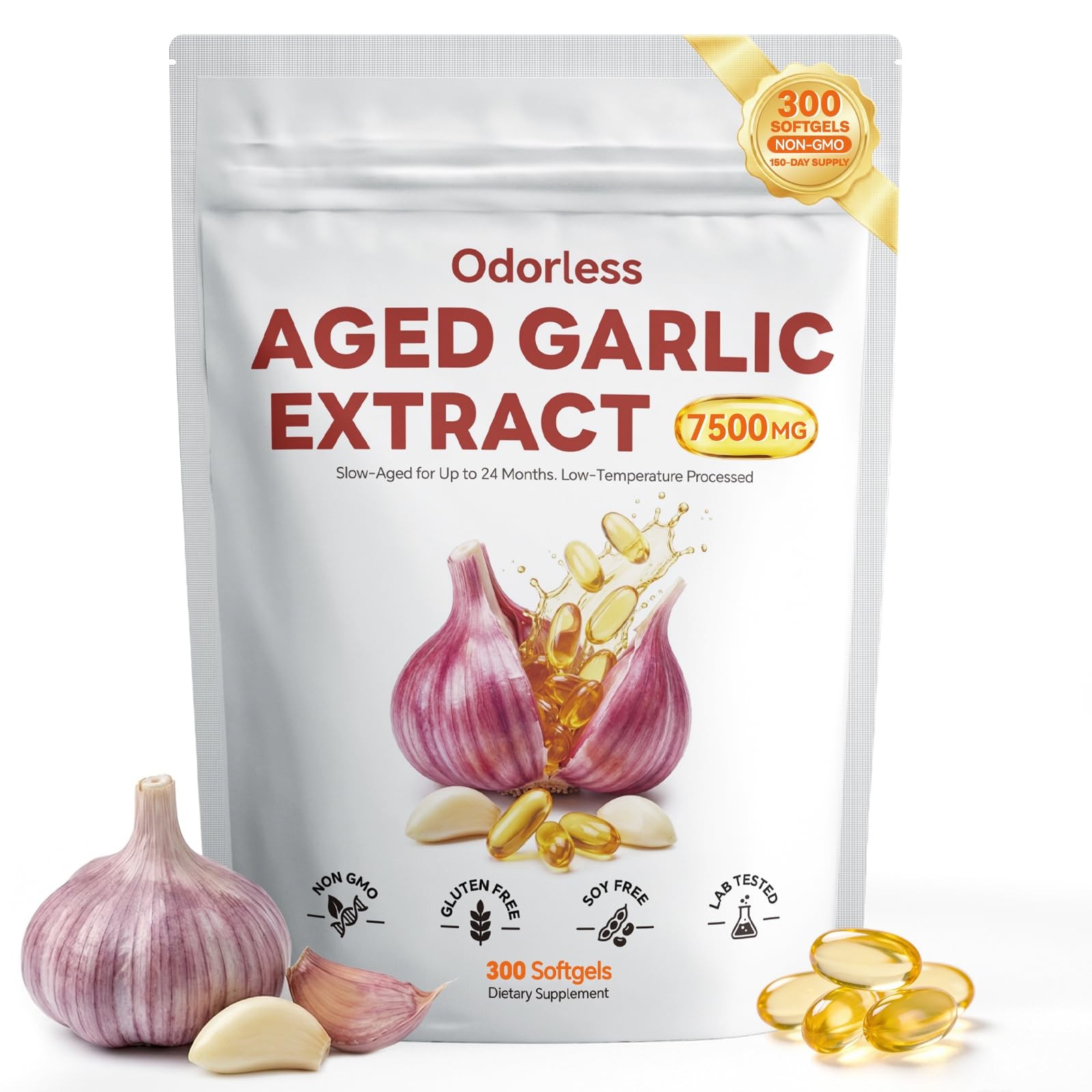 Gomerton Aged Garlic Extract Softgels, Odorless 15:1 Formula, 300 Count | 2-y…