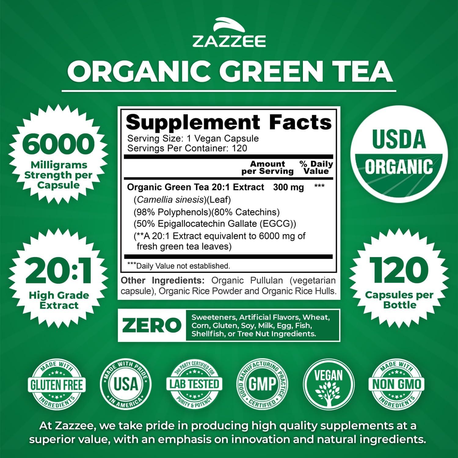 Zazzee USDA Organic Green Tea 20:1 Extract, 6000 mg Strength, 50% EGCG