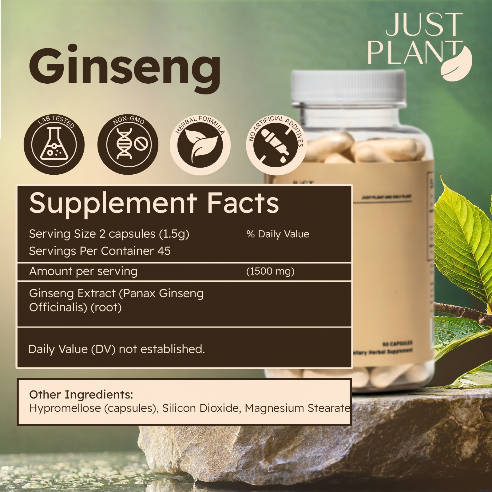 Organic Ginseng Root Extract Capsules 750 mg, 90 Vegan Capsules, Made in USA