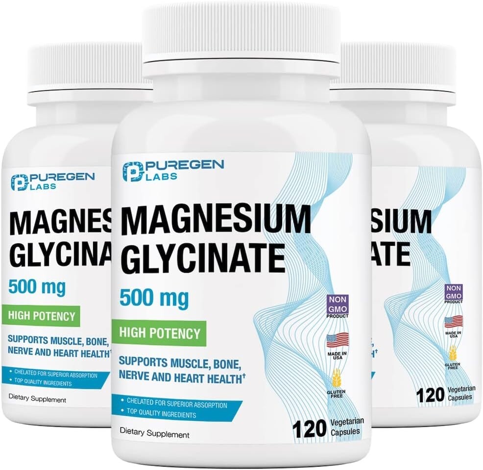 Puregen Labs Magnesium Glycinate 500mg High Potency 120 Veggie Caps Pack of 3