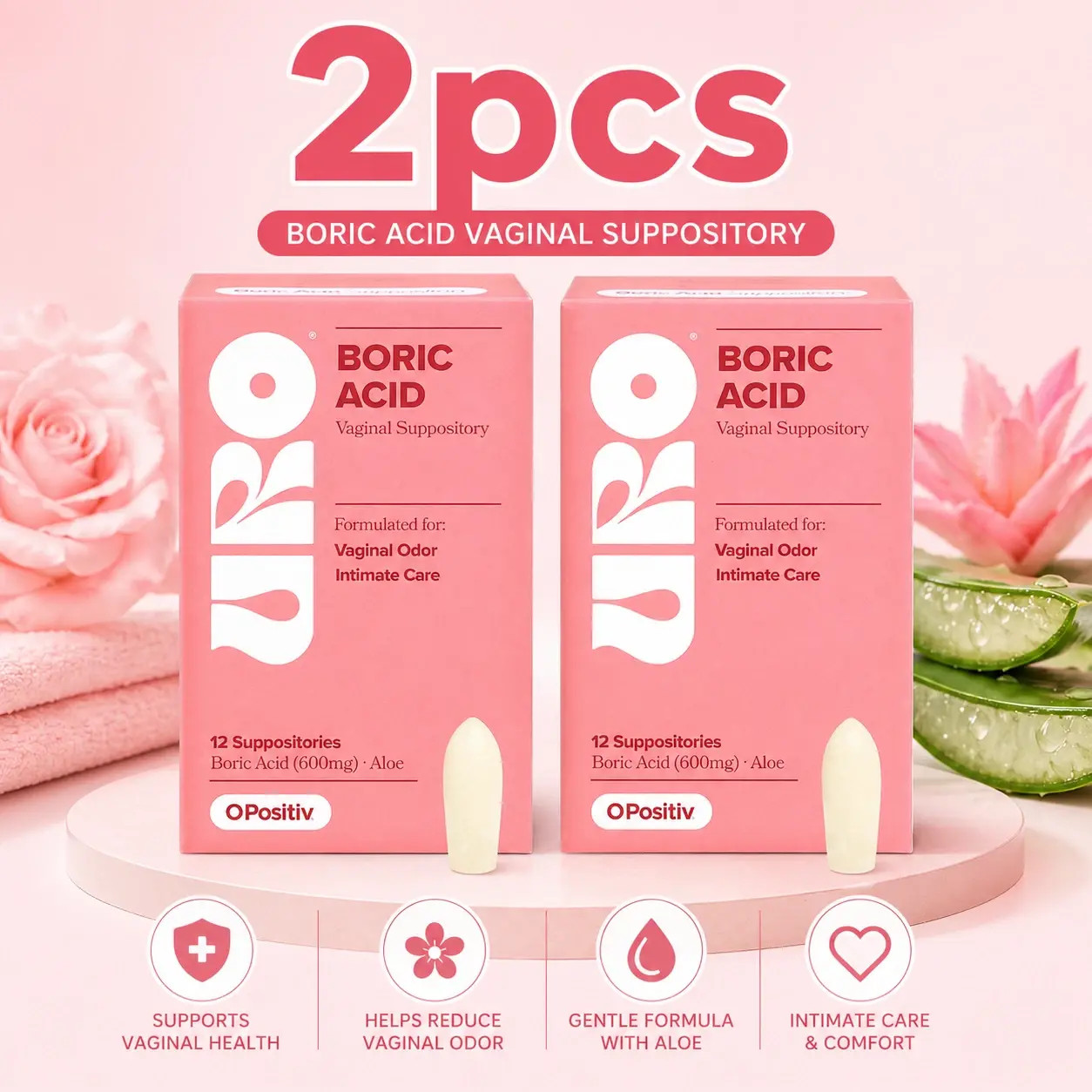 2 PACKS-NEW URO – Boric Acid Vaginal Support Acid & Aloe For Vaginal Odor+12 Ct