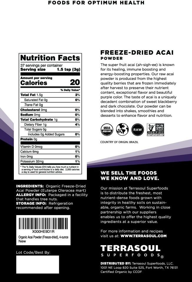 Terrasoul Superfoods Organic Acai Berry Powder, 4 Oz, 4 Ounce (Pack of 1)