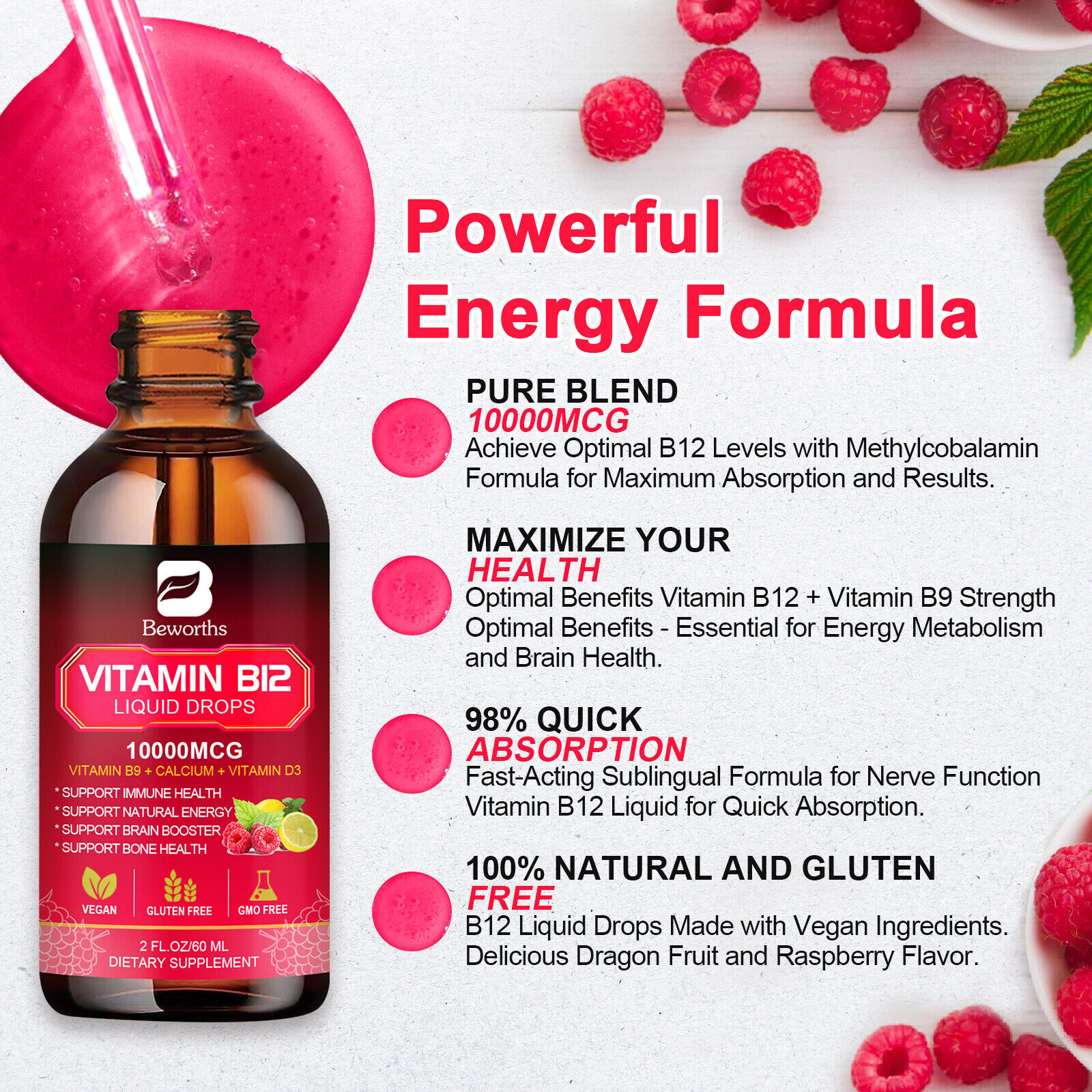 Vitamin B12 Supplement Liquid Drops Extra Strength Suport Immunity Energy 60ML