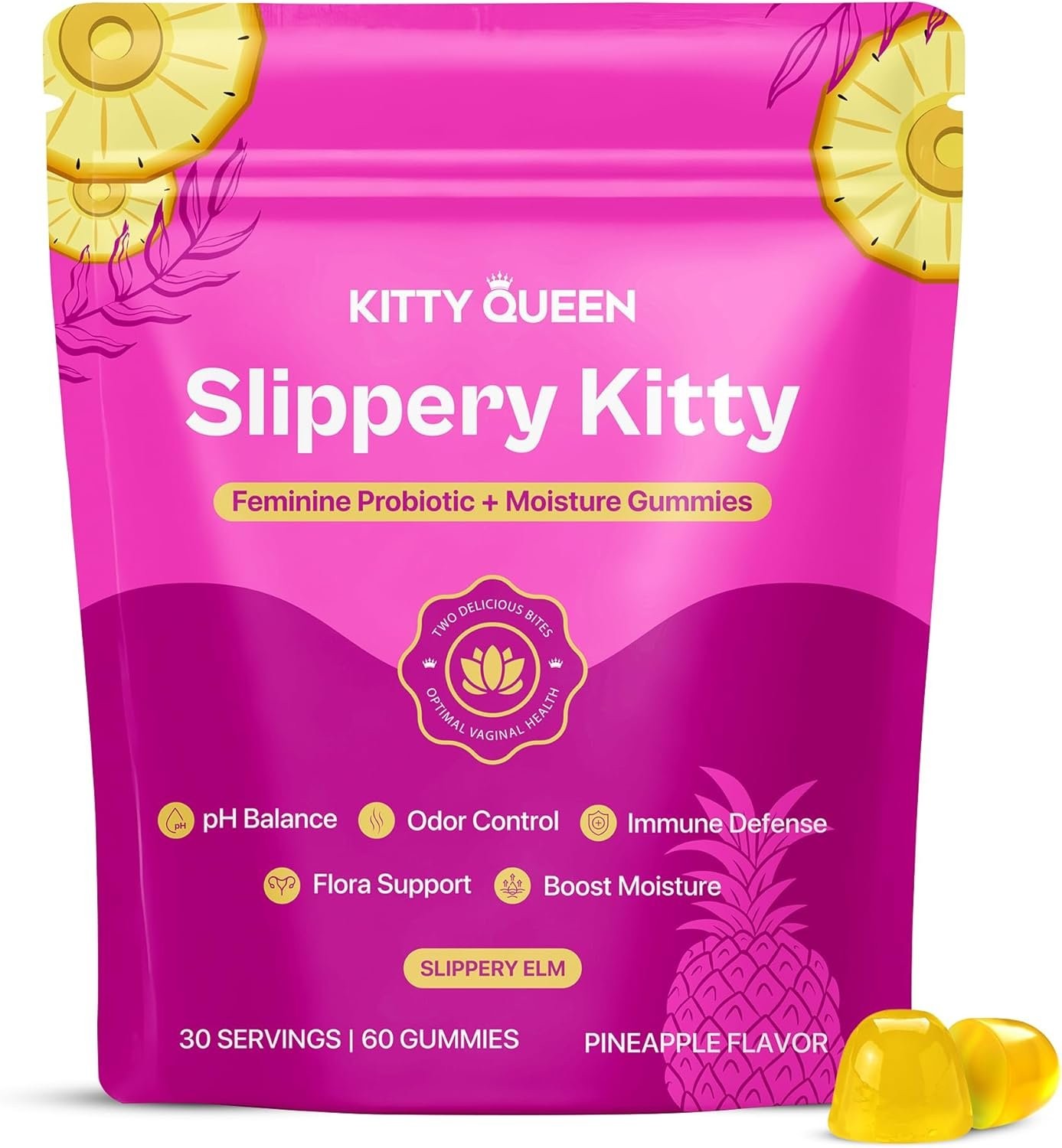 KITTYQUEEN Slippery Kitty Feminine Probiotic and Moisture Gummies, Pineapple Fla