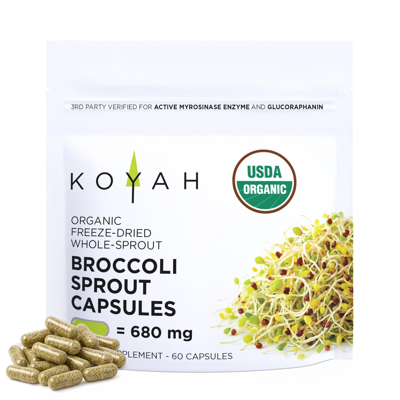 KOYAH Organic Broccoli Sprout Capsules Freeze Dried 60 Capsules Whole 60 Count