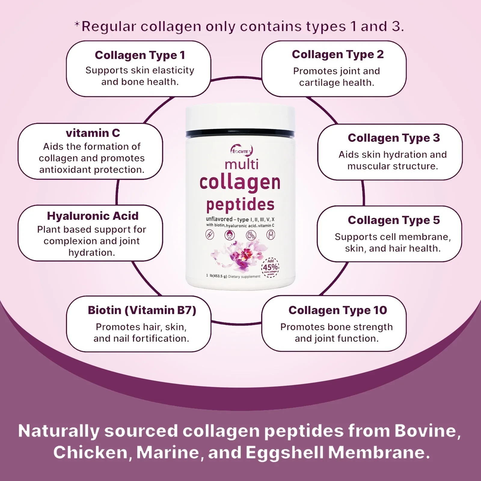 1LB Multi Collagen Peptides Powder–Hydrolyzed Protein with Type I, II, III, V, X
