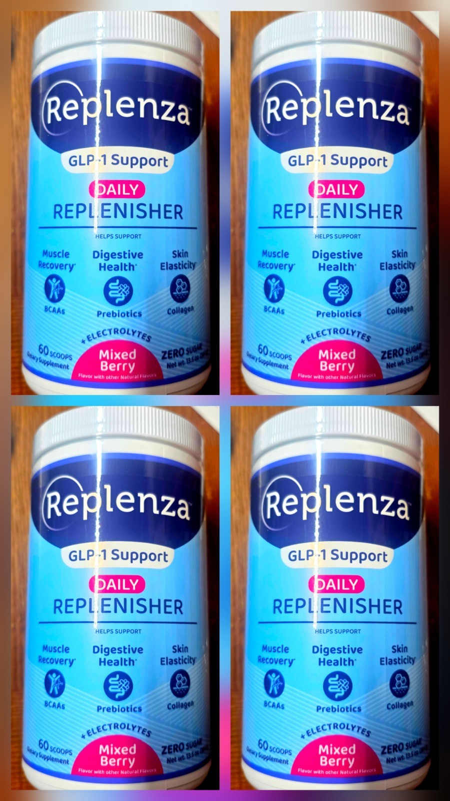 4×30-60 Day Replenza Daily Replenisher GLP-1 Mixed Berry Powder 08/26 Zero Sugar