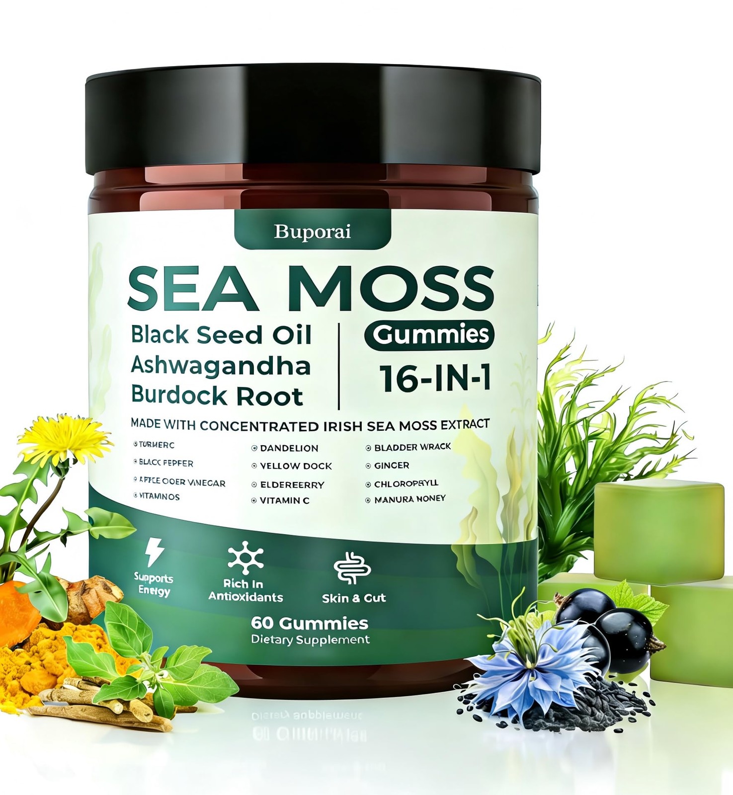 Natural Rems Sea Moss Gummies 16-in-1 – Ashwagandha Black Seed Oil Bladder Wrack
