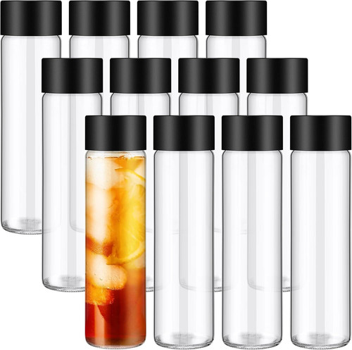 Honeydak 12 Pack Clear Glass Bottle with Lids 16Oz Wide Mouth Juice Black