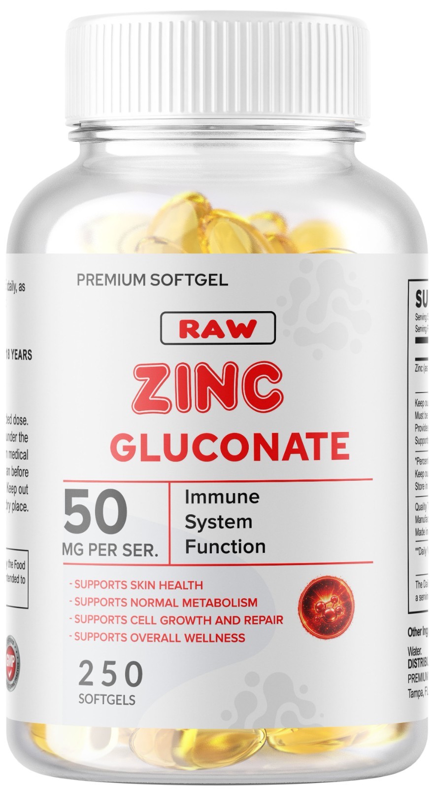 Zinc Gluconate 250 Vegetarian Softgels (50mg) Gluten Free and Non-GMO USA MADE