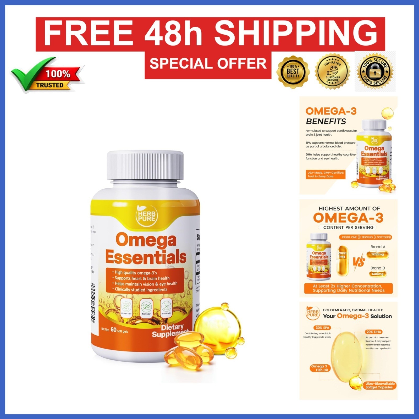 Omega-3 Fish Oil 2000mg Softgels 60 Count – Heart Brain Vision Support