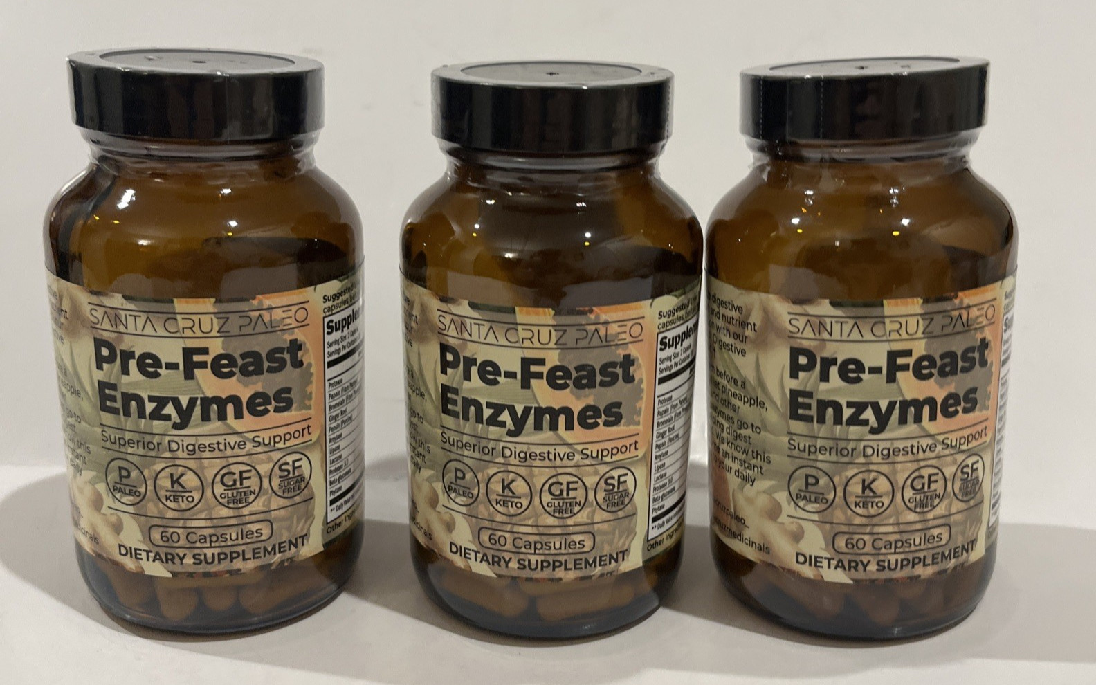 Lot of 3 Santa Cruz Paleo Pre-Feast Enzymes Capsules 180 Count Sealed Exp 09/27