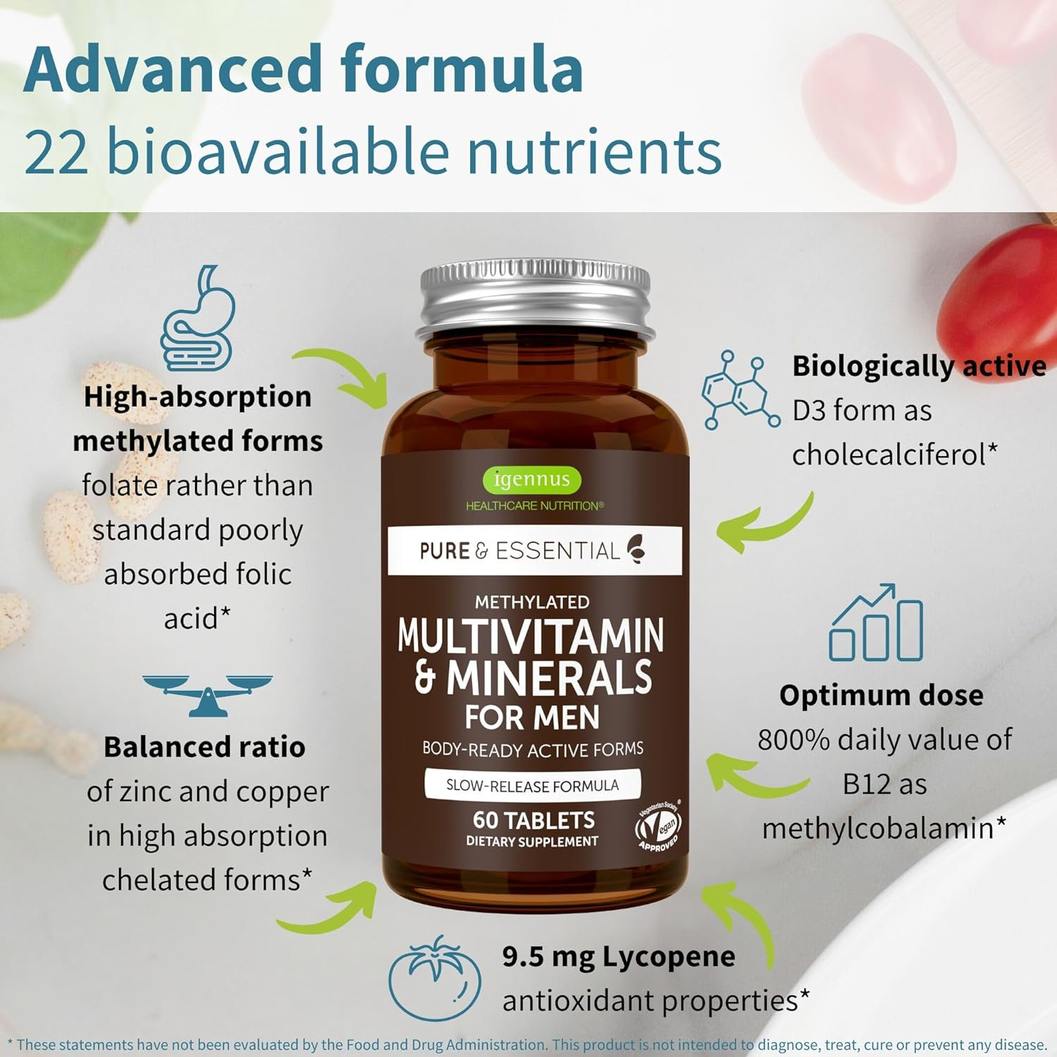 Igennus Methylated Men’S Multivitamin with 22 Actives, All-Day Nutrient Delivery