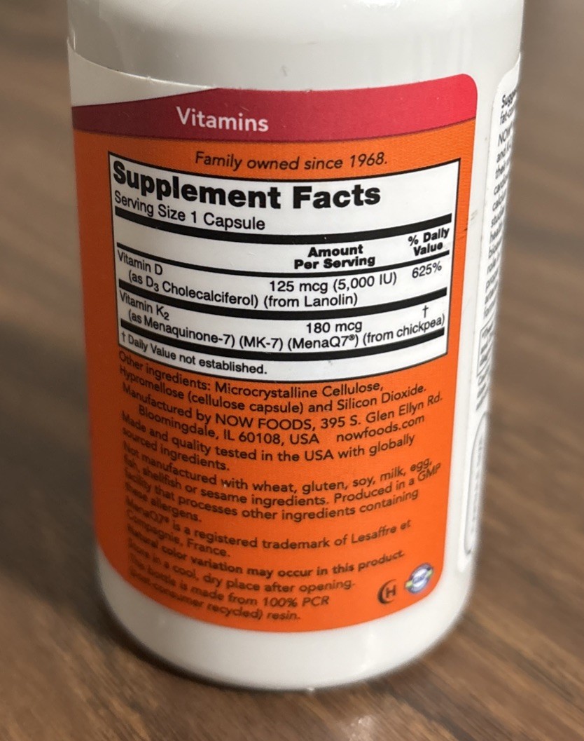 Now Mega D3 & MK-7, 5000 IU/180 mcg. 120 Capsules. Exp 10/2027.