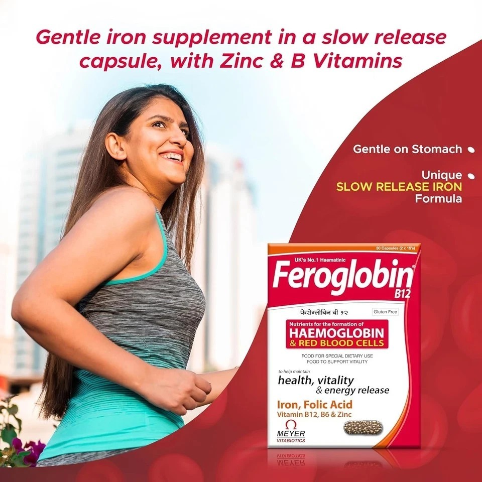 Feroglobin B12 Capsules 30 Iron Folic Acid B6 B12 Zinc Hemoglobin Support B642