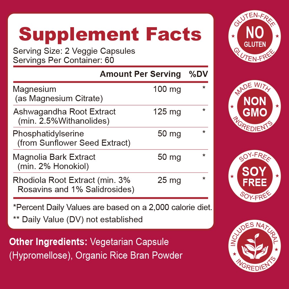120 Pills Cortisol Supplement Magnesium Ashwagandha L-theanine – Relieve Stress